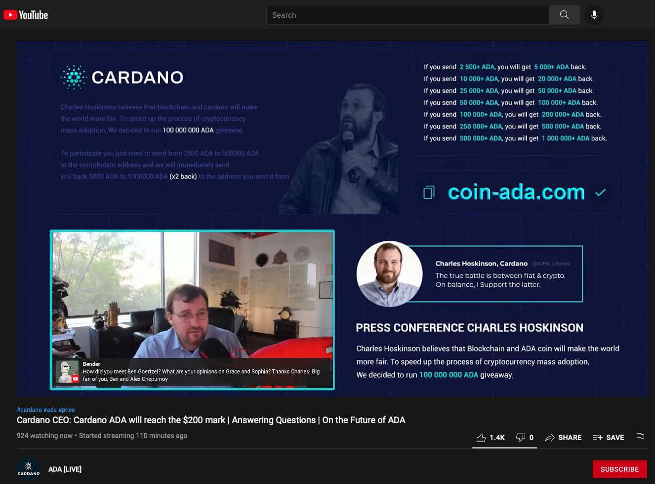cardano-charles-hoskinson-giveaway-scam-on-youtube-live