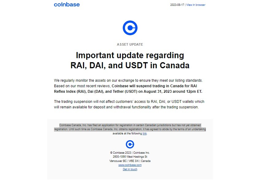 
31 августа Coinbase прекратит торговлю Tether (USDT) в Канаде 