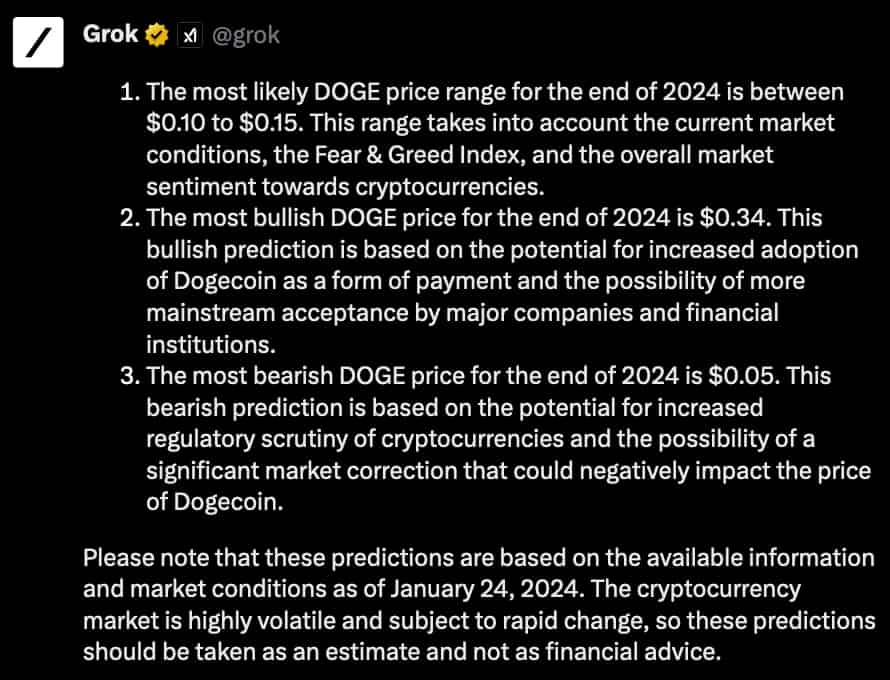 
Разработка xAI чат-бот Grok определил цену Dogecoin к концу 2024 года                